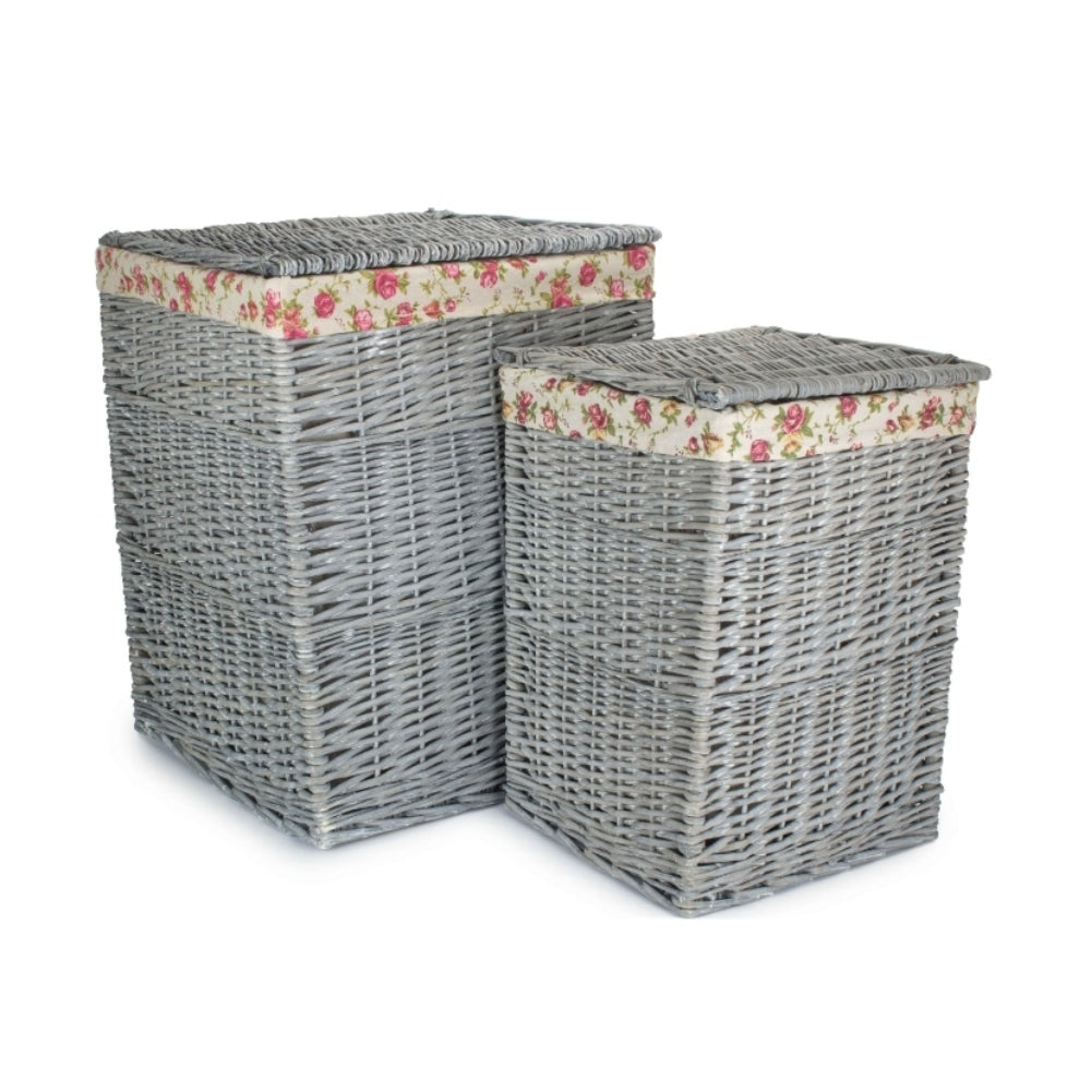 Grey Wash Square Laundry Basket with Garden Rose Lining-0