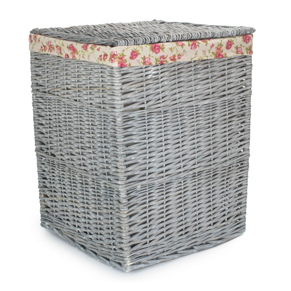 Grey Wash Square Laundry Basket with Garden Rose Lining-2