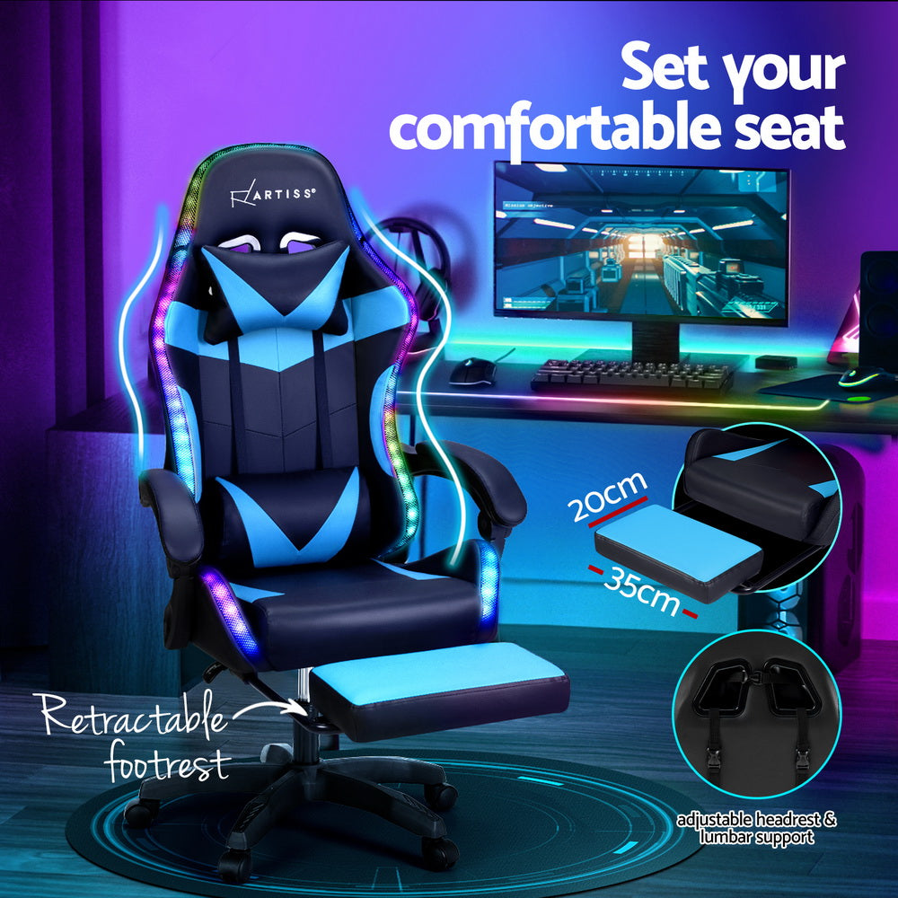 NNEDSZ 6 Point Massage Gaming Office Chair 7 LED Footrest Cyan Blue-4