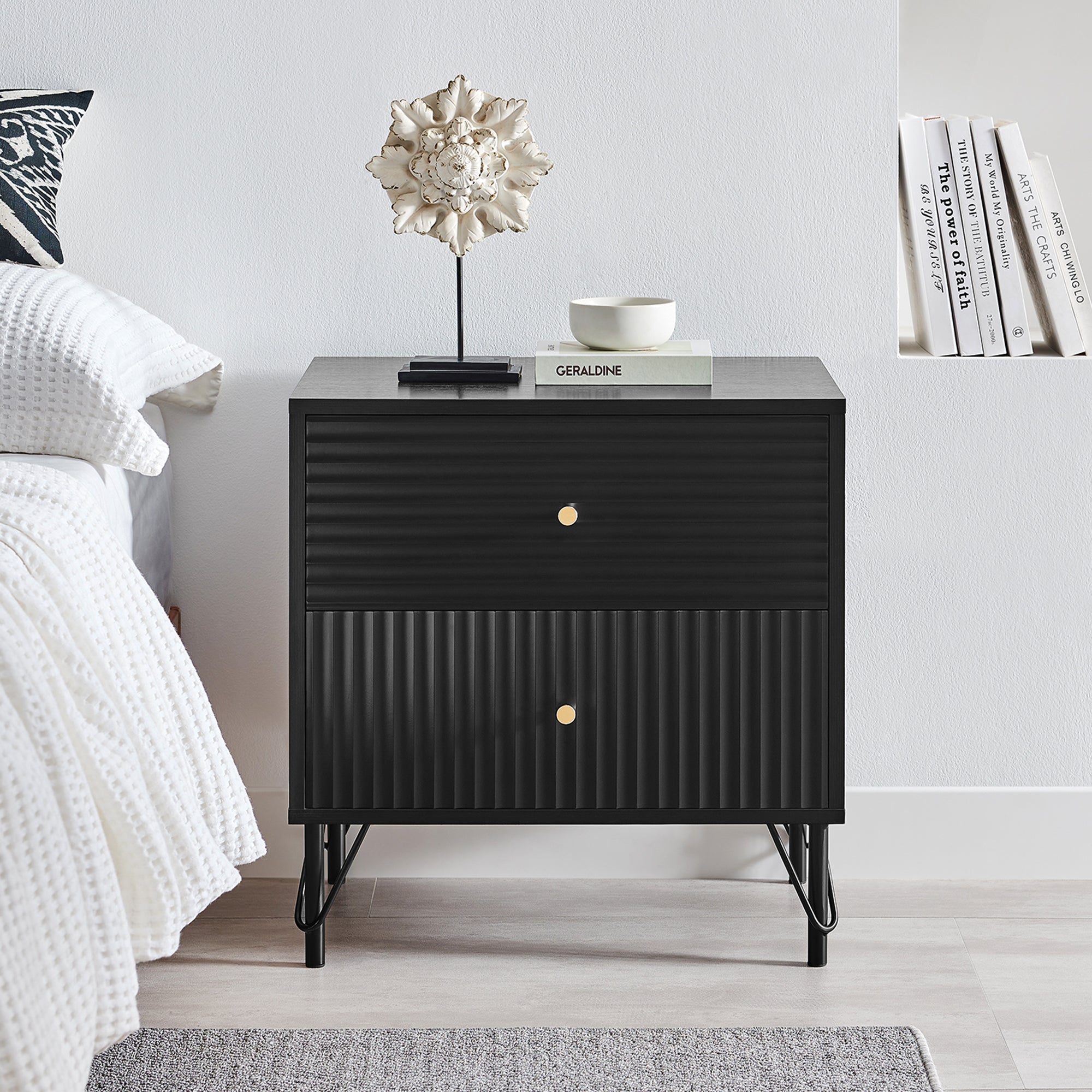 NNEDSZ Lisa Wavy Fluted Bedside Table in Black-2