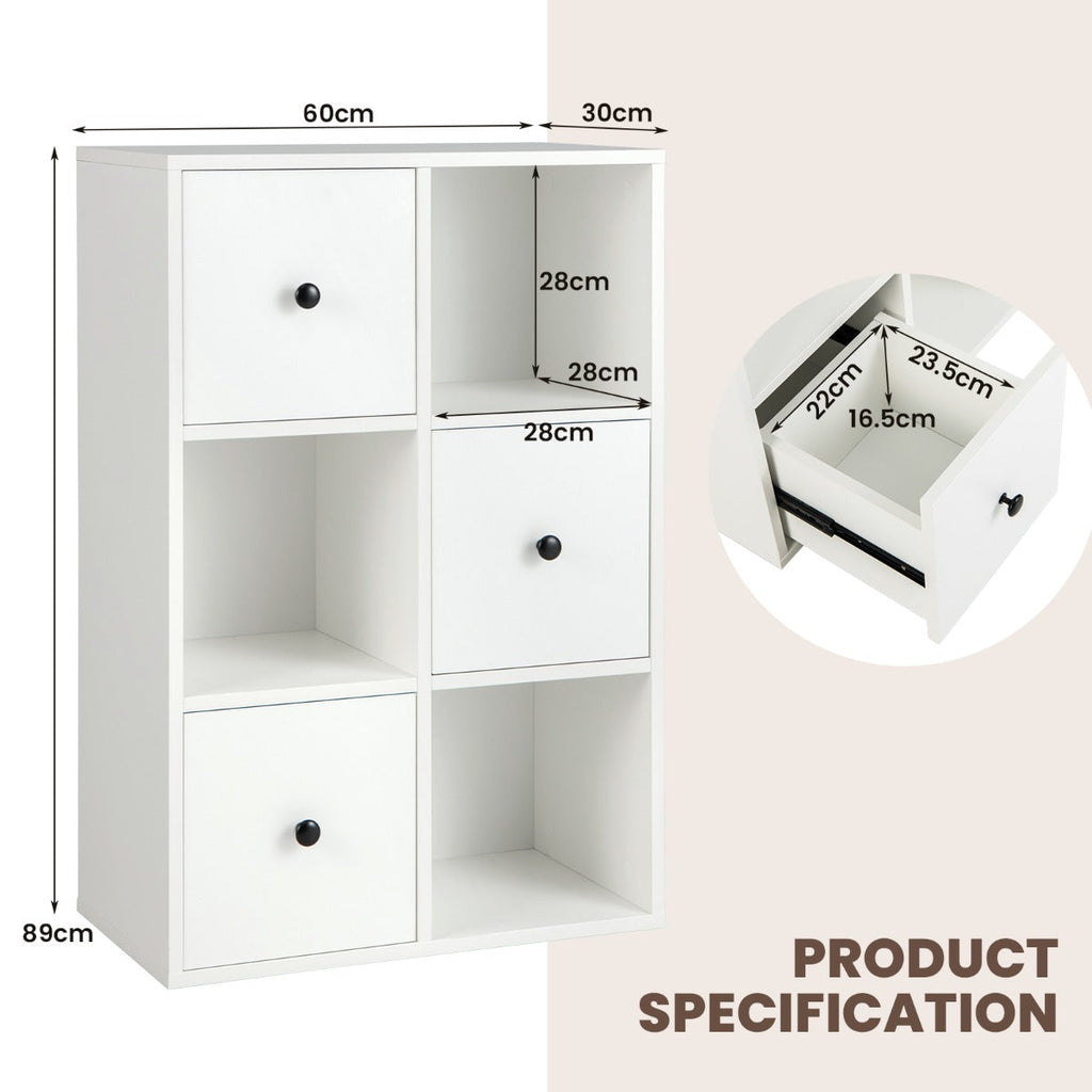 NNECW 3-Tier Bookshelf with 3 Cubes &amp 3 Drawers for Office-White-3