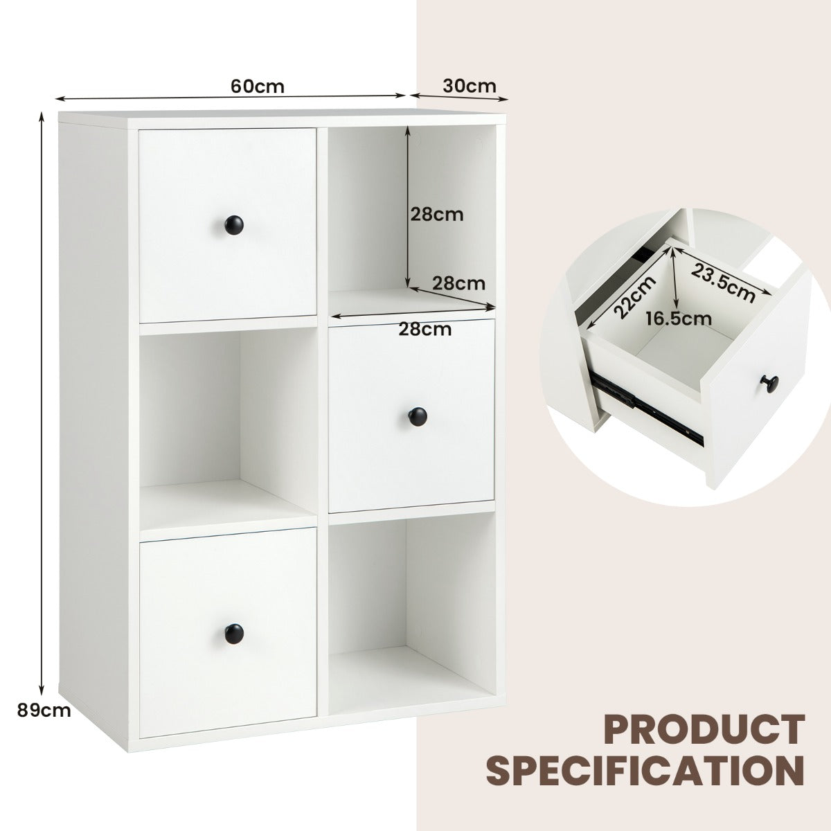 NNECW 3-Tier Bookshelf with 3 Cubes &amp 3 Drawers for Office-White-3