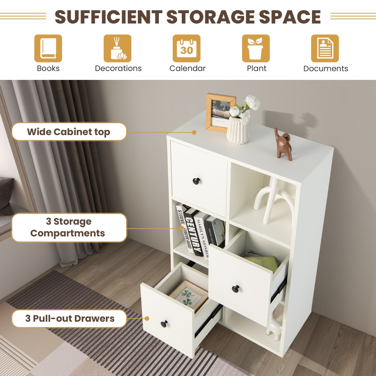 NNECW 3-Tier Bookshelf with 3 Cubes &amp 3 Drawers for Office-White-2