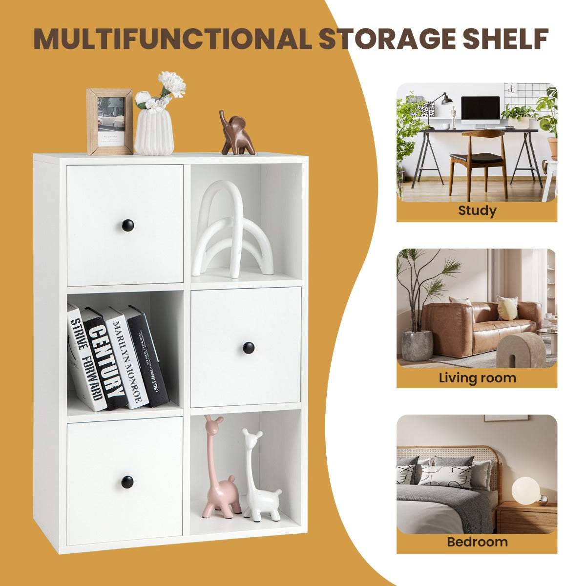 NNECW 3-Tier Bookshelf with 3 Cubes &amp 3 Drawers for Office-White-4