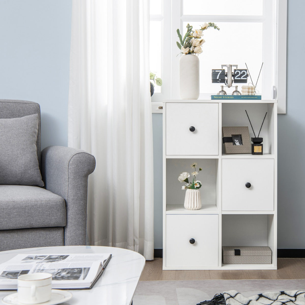 NNECW 3-Tier Bookshelf with 3 Cubes &amp 3 Drawers for Office-White-0